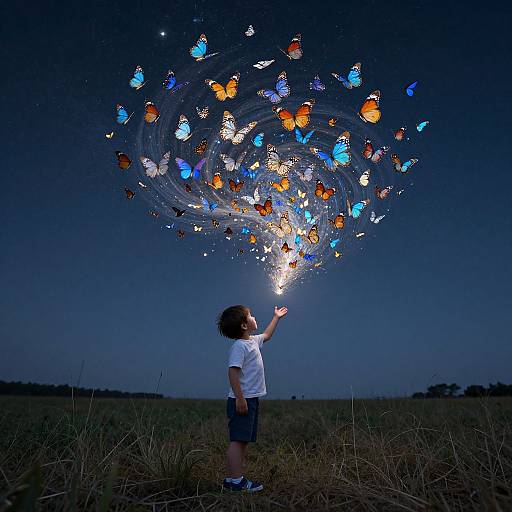 Photograph of a young boy in white shirt and blue shorts, standing in a field at night, holding a glowing string of colorful butterflies (blue,