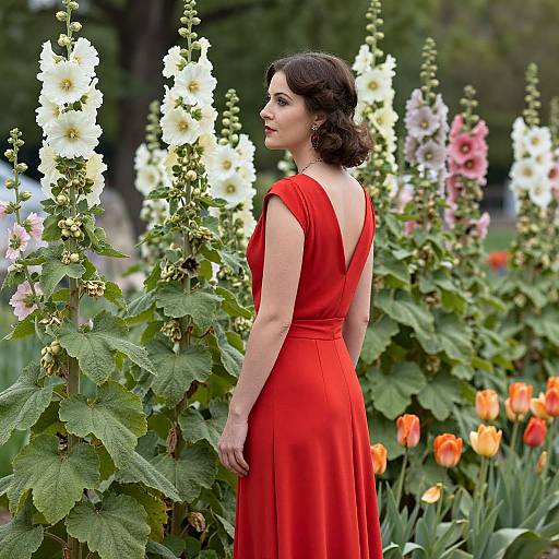 Photograph of a woman with curly brown hair in a red, backless dress, standing in a vibrant garden with tall white and pink flowers, orange