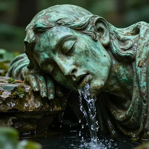 Photograph of a green patina bronze statue of a serene child with closed eyes, leaning over a water fountain, water splashing into the basin.