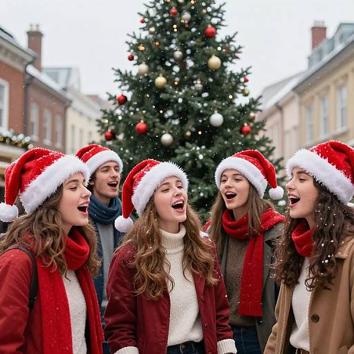 Photograph of four laughing women in Santa hats and red scarves, standing in front of a decorated Christmas tree in a festive street.