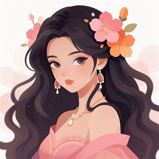 Digital anime-style portrait of a beautiful woman with long black hair, pink flowers, orange flowers, pink off-shoulder dress, red earrings, white