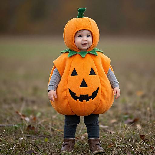 Photograph of a smiling baby in a bright orange pumpkin costume with green stem and jack-o'-lantern face, standing in a grassy field.