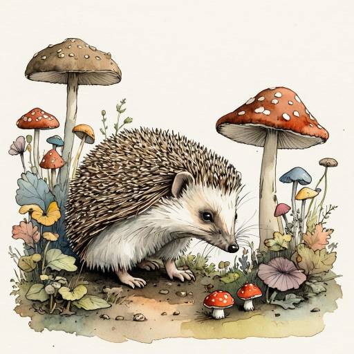 Whimsical Hedgehog and Colorful Mushroom
