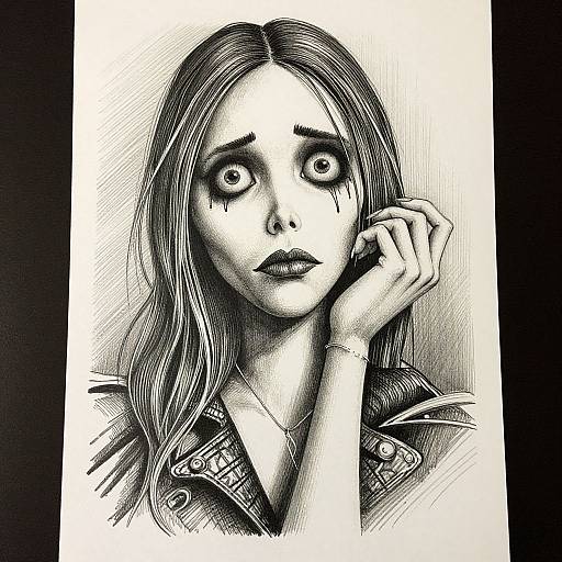 Black-and-white digital ink drawing of a wide-eyed, worried young woman with long hair, wearing a denim jacket, touching her cheek. Distressed expression