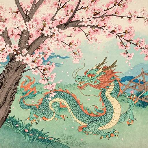 Digital illustration of a vibrant green, dragon with orange and yellow accents, coiling under a blooming cherry blossom tree, set against a green grassy