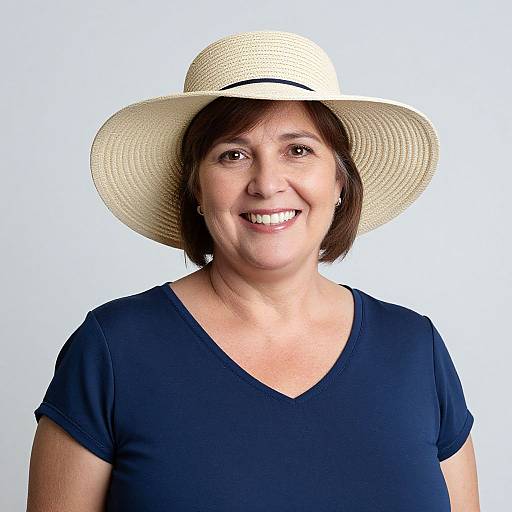 Photograph of a smiling middle-aged woman with short brown hair, wearing a beige straw hat and navy V-neck shirt, against a white background.