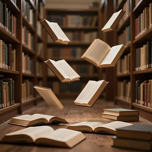 Floating Books in Dimly Lit Library