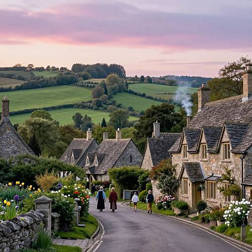 Photograph of a quaint English village at sunset, featuring stone cottages, a winding road, colorful flower gardens, and four people walking away from the