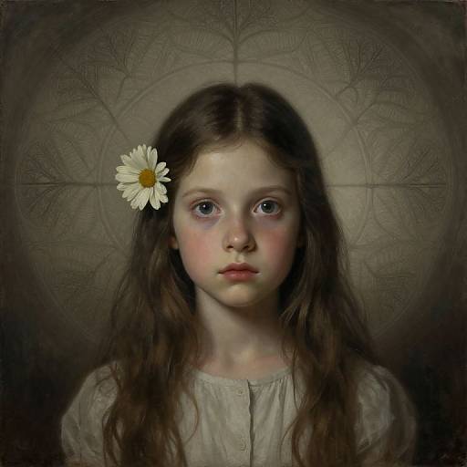 Digital portrait of a young girl with fair skin, blue eyes, and long brown hair, adorned with a white daisy, wearing a white blouse,