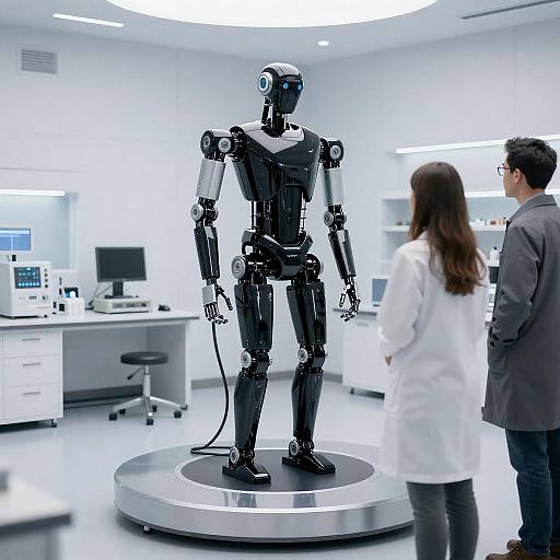 Robot in Black Suit with Lab Assistants