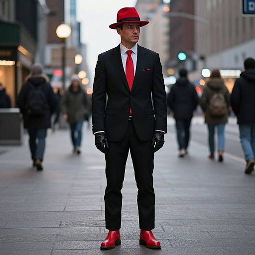 Man in Red Fedora on City Street