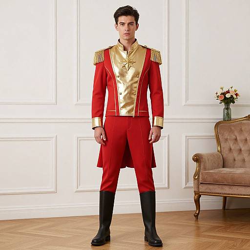 Photograph of a young man in a red and gold military-style uniform with black boots, standing in a white-paneled room with a beige armchair