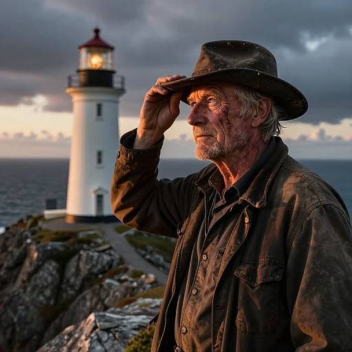 Weathered Lighthouse Keeper at Sunset