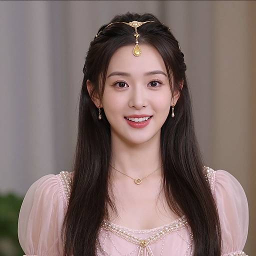 Photograph of an East Asian woman with long black hair, wearing a pink, beaded dress and gold headpiece, smiling softly. Background: blurred