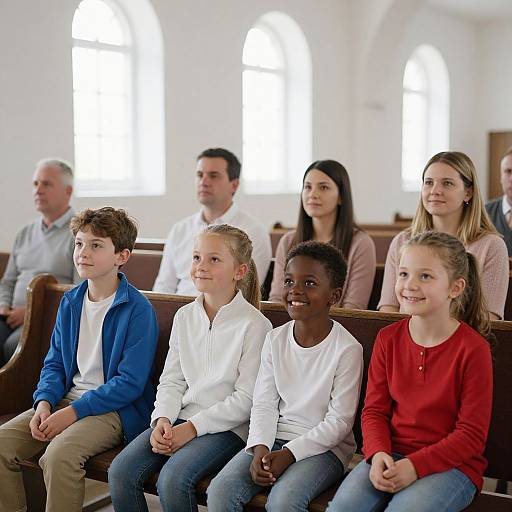 Photograph of diverse group of children and adults seated in church, wearing casual clothes, smiling or looking forward, white arched windows in background.