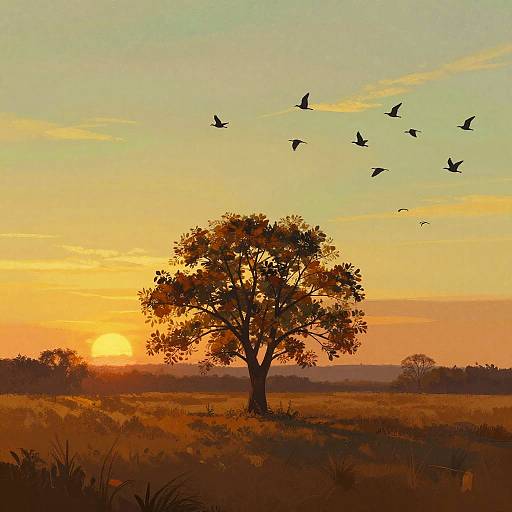 Solitary Tree at Sunset Field