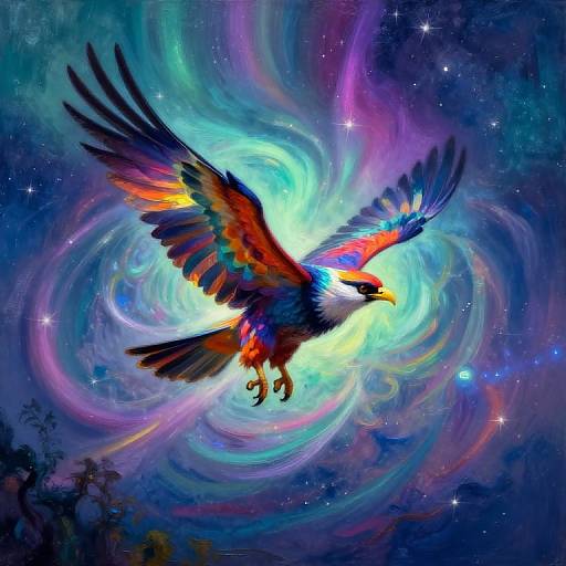 Vibrant digital painting of a colorful phoenix with rainbow feathers soaring through a swirling, starry cosmic background. Bright, swirling colors dominate.