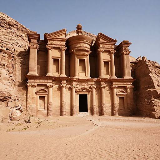 Photograph of a desert temple with ornate, classical columns, central arched entrance, and detailed carvings, set against a clear blue sky