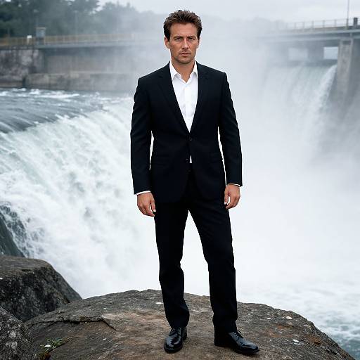 Photograph of a serious, dark-haired man in a black suit and white shirt standing on a rock in front of a powerful waterfall.