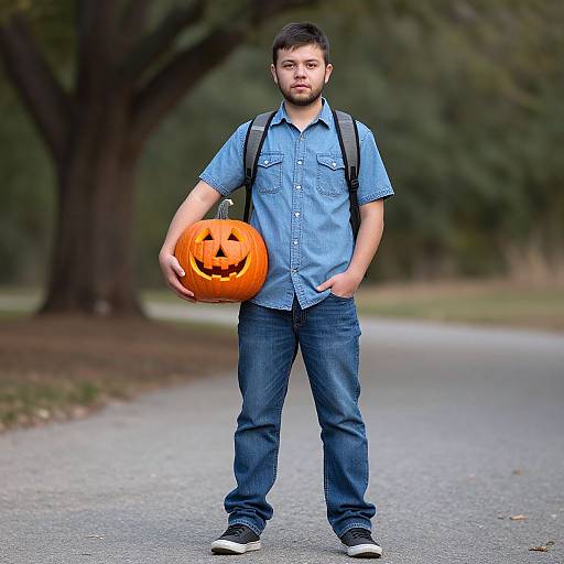 Photograph of a bearded young man with short dark hair, wearing a blue shirt, jeans, and sneakers, holding a carved pumpkin, standing on