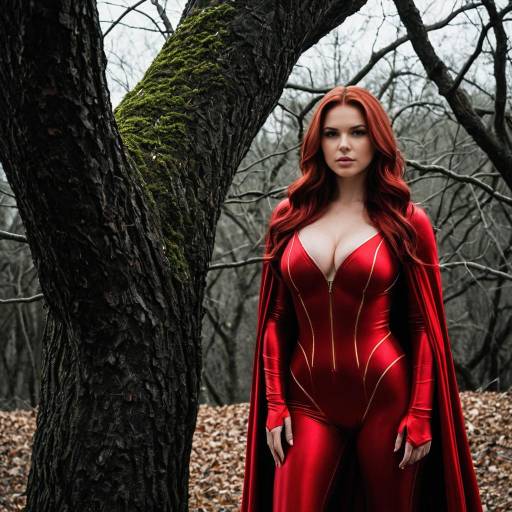 Woman in Red Scarlet Witch Suit in Forest