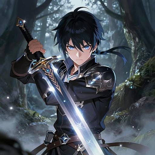 Digital anime artwork of a serious, blue-eyed, black-haired warrior holding a glowing sword in a misty, dark forest. Wearing black armored attire