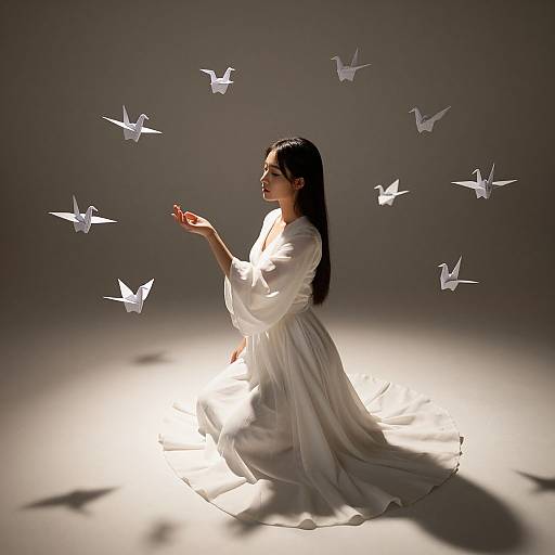 Photograph of a woman in a flowing white dress, kneeling with outstretched hands, surrounded by glowing white paper cranes.