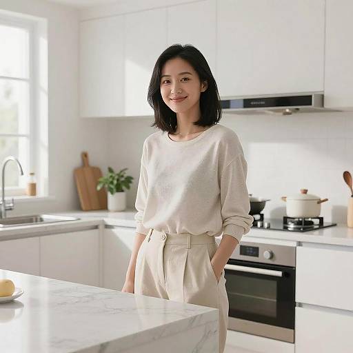 Photograph of a smiling woman with medium-length black hair, wearing a white sweater and high-waisted beige pants, standing in a bright, modern
