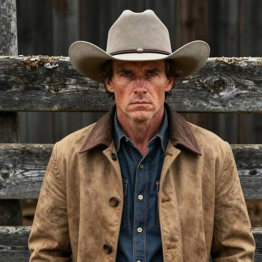 Photograph of a rugged middle-aged man with a weathered face, wearing a beige cowboy hat, brown leather jacket, and denim shirt, standing against