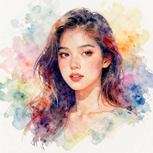 Watercolor portrait of an East Asian woman with long, dark hair, soft pink lips, and a neutral expression, set against a colorful, abstract background