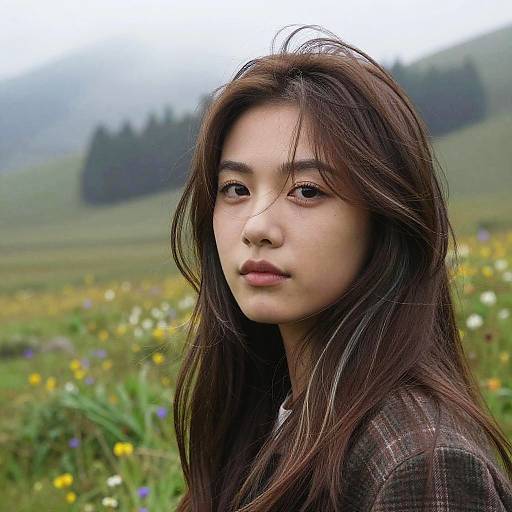Photograph of an Asian woman with long, dark brown hair, soft makeup, and a plaid jacket, standing in a colorful meadow with mountains