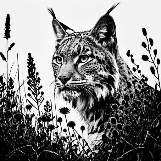 Monochrome Close-up of Lynx with Floral Silhouettes