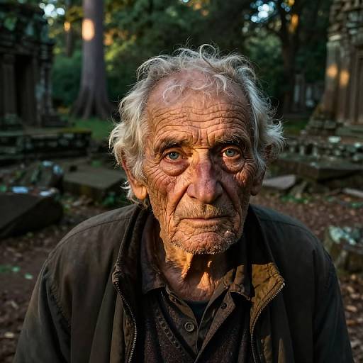 Photograph of an elderly man with wrinkled face, white curly hair, and deep-set blue eyes, standing in a dimly lit forest, with