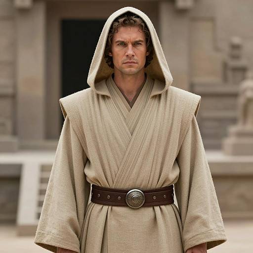 Man Wearing Tan Jedi Robe with Hood