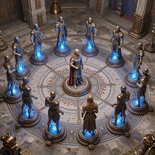 Digital art: Medieval-style scene with 12 statues holding blue flames in a circular mosaic, centered on a robed figure. Ornate columns frame the