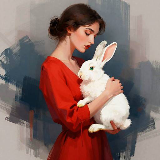 Abstract Woman in Red Dress Holding Rabbit
