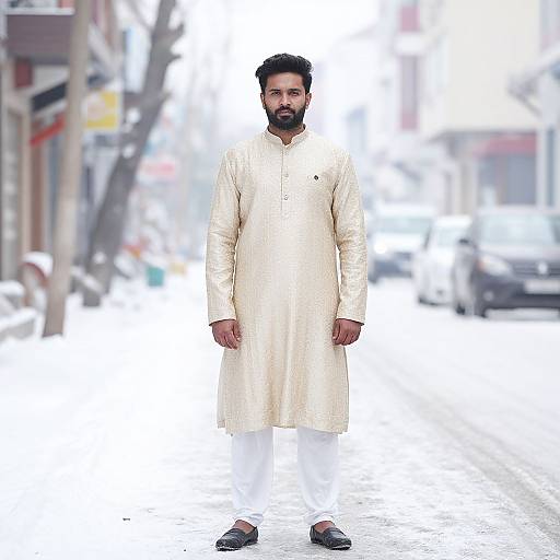 Photograph of a bearded man in white traditional Pakistani kurtah and white shalwar, standing on a snowy urban street.