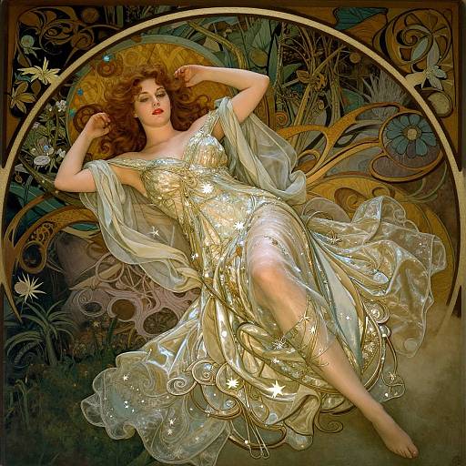 Artistic digital illustration of a fair-skinned, red-haired woman with curly hair, wearing a shimmering, star-embellished, off-