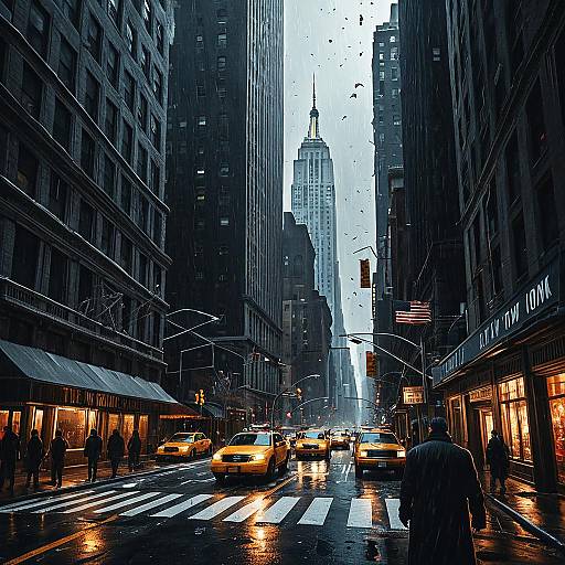Rainy New York Street with Empire State Building