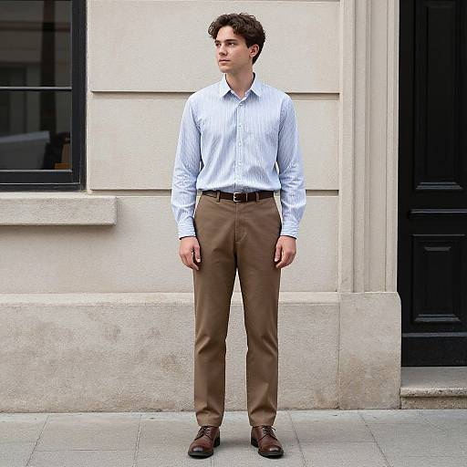 Photograph of a young man with short dark hair, wearing a light blue striped shirt, brown pants, black belt, and brown shoes, standing in