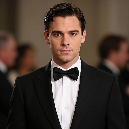 Photograph of a handsome, dark-haired man in a black tuxedo with a white shirt and black bow tie, standing against a blurred indoor background