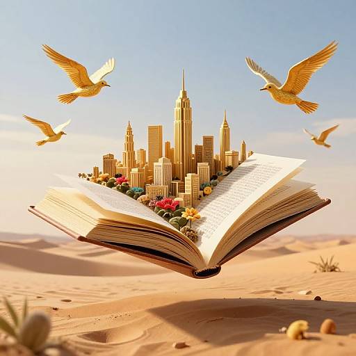 Photorealistic image of an open book floating in a desert, with golden skyscrapers rising from its pages, and two golden birds flying overhead.