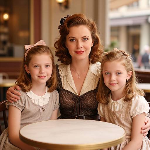 Retro French Woman with Daughters at Café