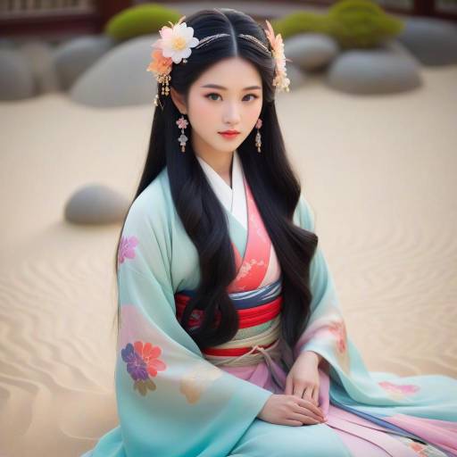 Elegant Asian Girl in Zen Sand Garden Elegant Asian Girl in Zen Sand Garden