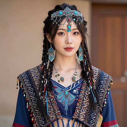 Photograph of an Asian woman with braided black hair, wearing intricate blue and silver traditional jewelry, adorned with detailed embroidered robes, and a turquoise head