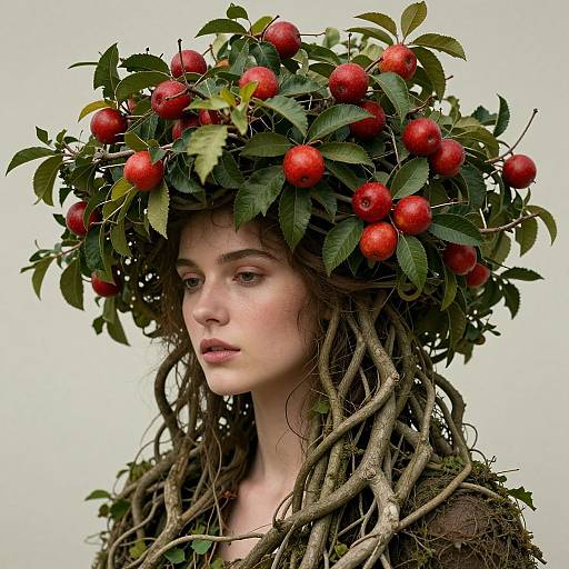 Photograph of a fair-skinned woman with brown, curly hair, adorned with a crown of red cherries and green leaves, intertwined with brown vines