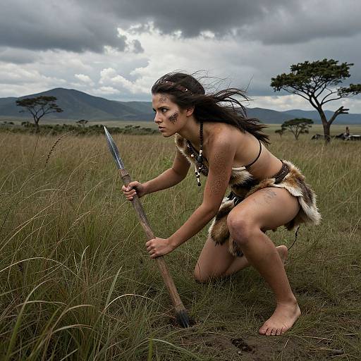 Photograph of a fierce, dark-haired woman in tribal attire, holding a spear, crouching in a grassy savanna with mountains and cloudy