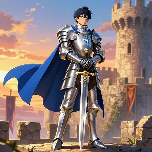 Digital anime-style artwork of a blue-haired knight in silver armor and blue cape, holding a sword, standing before a sunset castle.