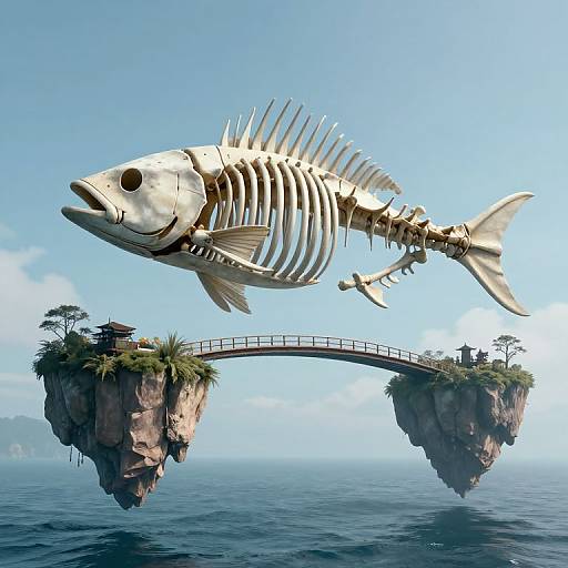 Fantasy CGI: A giant skeletal fish hovers above two rocky, floating islands connected by a curved bridge, under a clear blue sky.