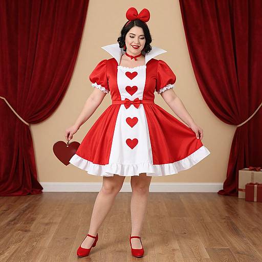 Photograph of a smiling woman in a red and white heart-themed dress, red bow, and heels, holding a heart-shaped object, standing in a